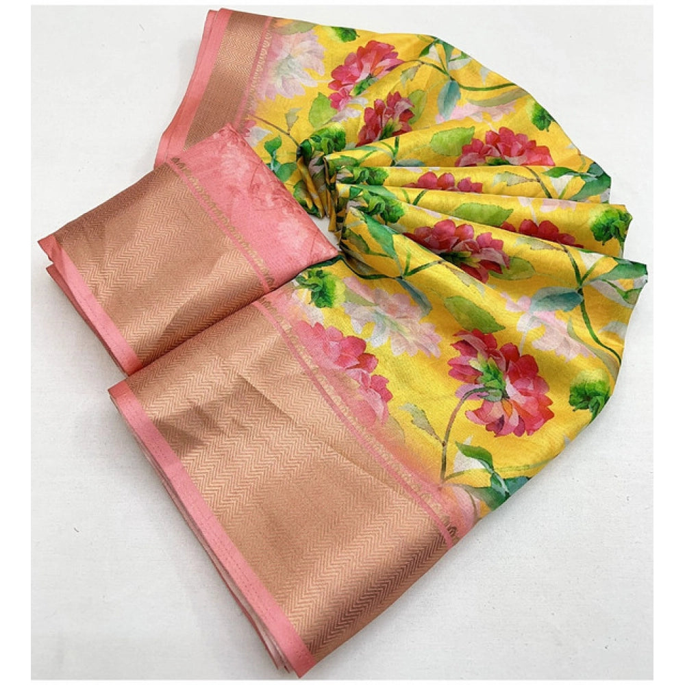 Women's Cotton Silk Floral Printed Saree With Unstitched Blouse 5.5Mtr (Yellow)