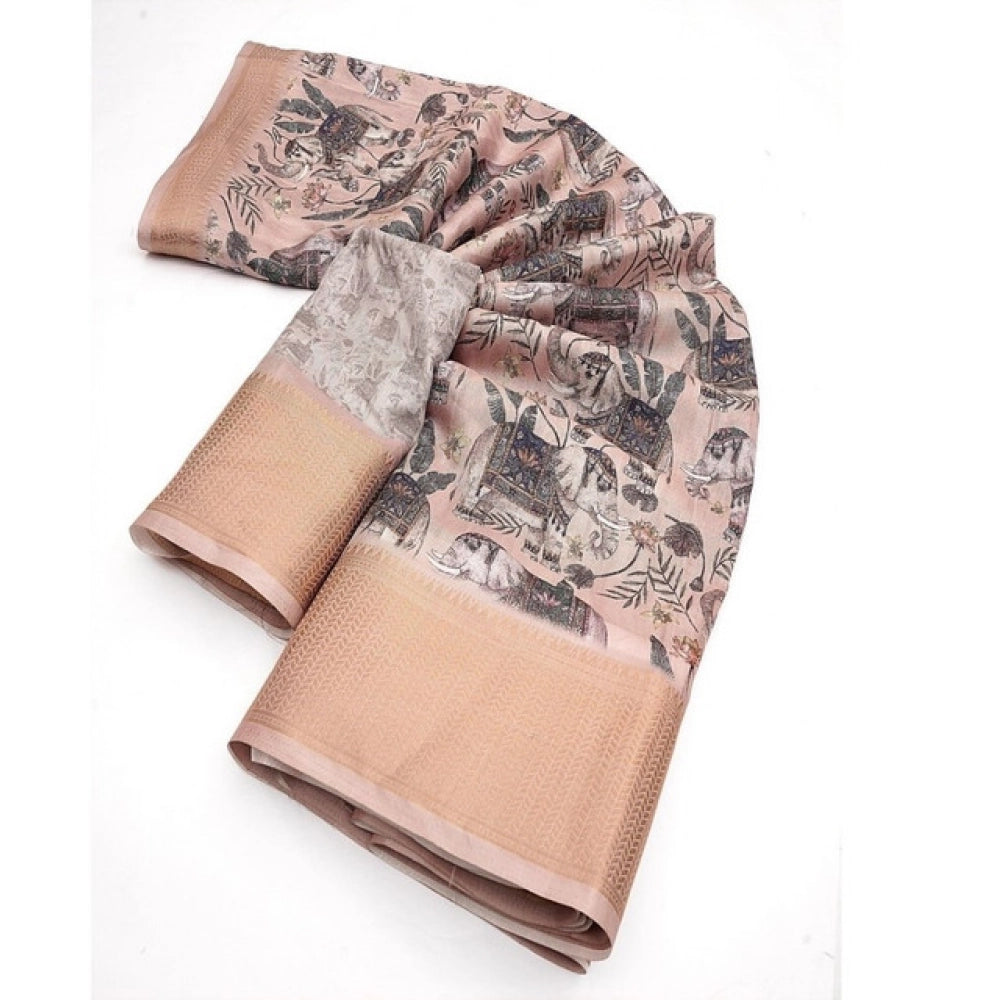 Women's Cotton Silk Printed Saree With Unstitched Blouse 5.5Mtr (Cream-Black)