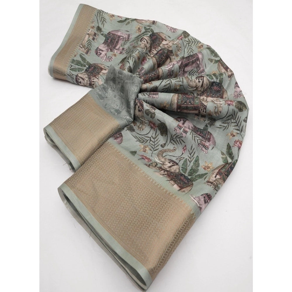 Women's Cotton Silk Printed Saree With Unstitched Blouse 5.5Mtr (Green)