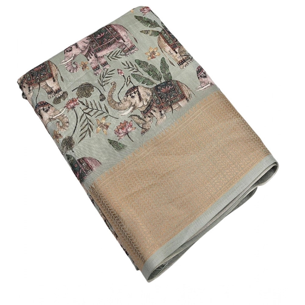Women's Cotton Silk Printed Saree With Unstitched Blouse 5.5Mtr (Green)