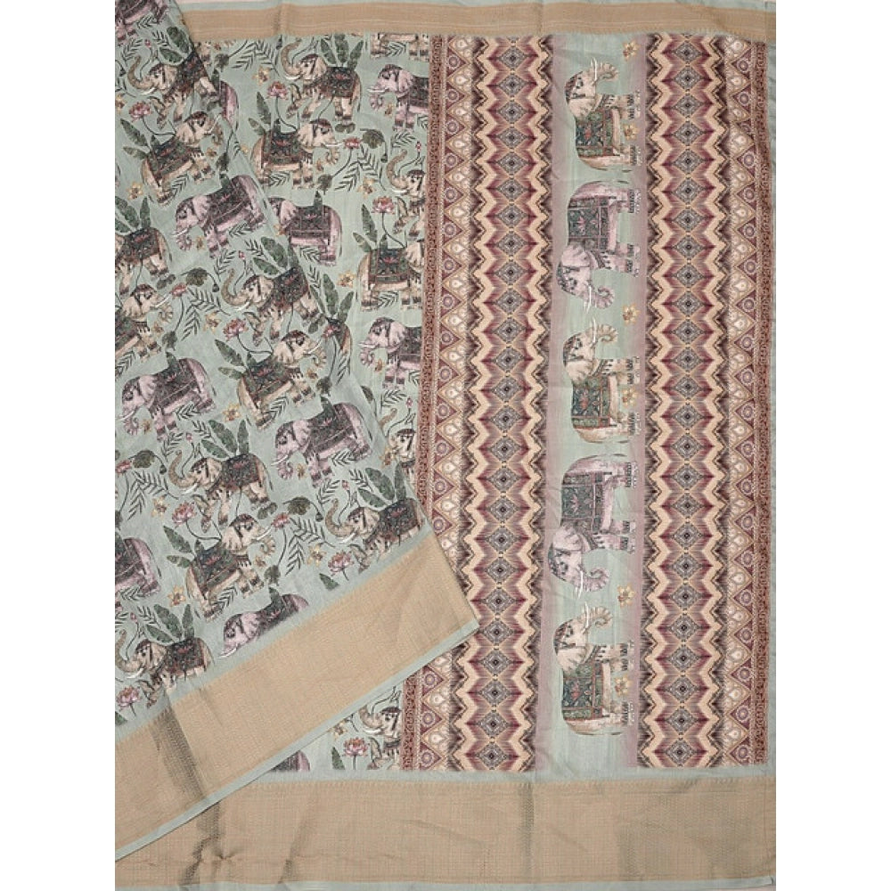 Women's Cotton Silk Printed Saree With Unstitched Blouse 5.5Mtr (Green)