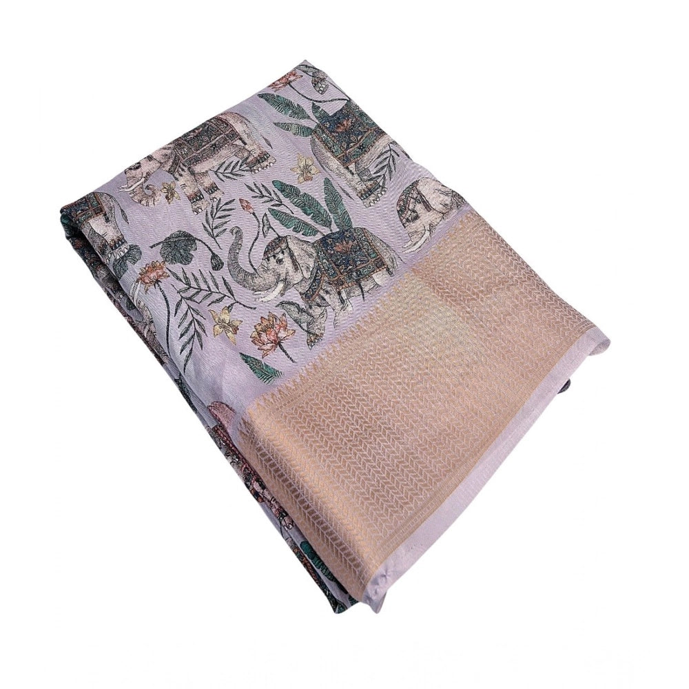 Women's Cotton Silk Printed Saree With Unstitched Blouse 5.5Mtr (Grey)