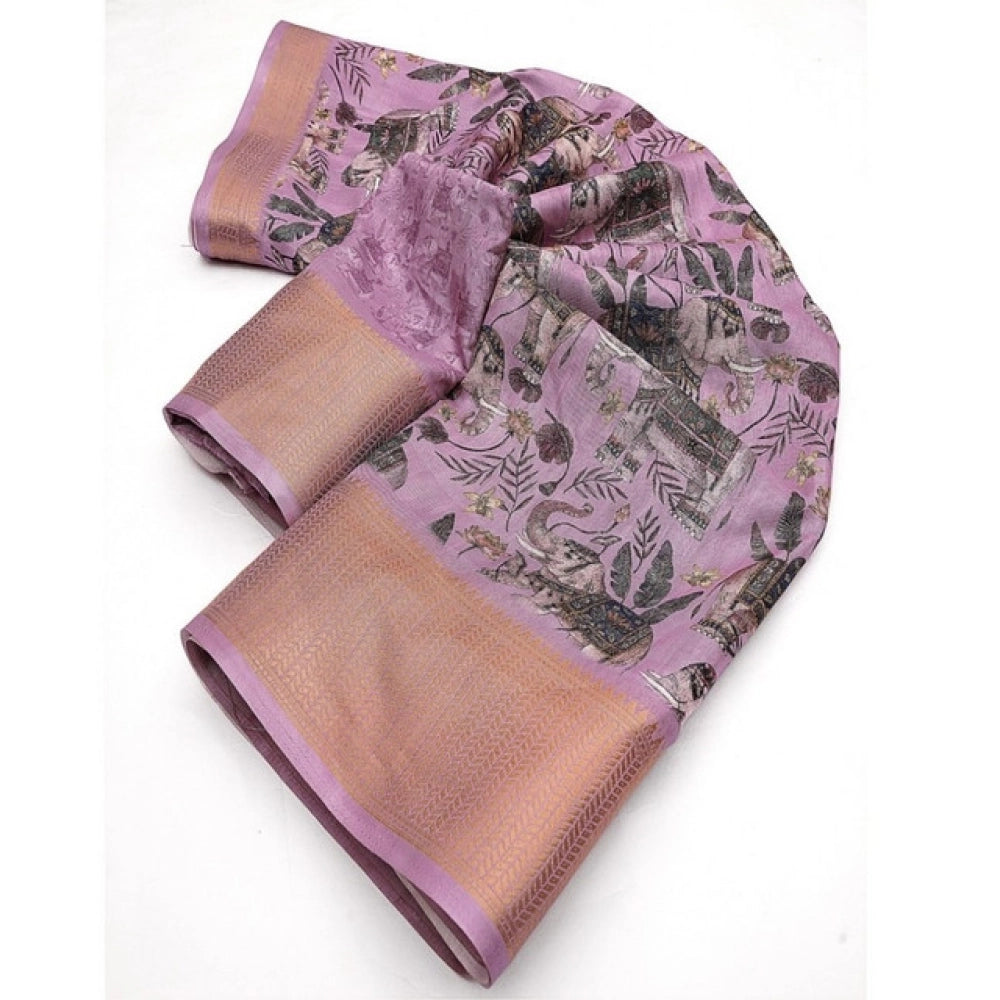 Women's Cotton Silk Printed Saree With Unstitched Blouse 5.5Mtr (Pink)
