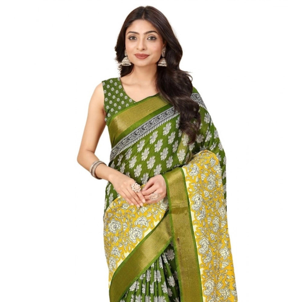Women's Cotton Blend Printed Saree With Unstitched Blouse 5.5Mtr (Mehandi)