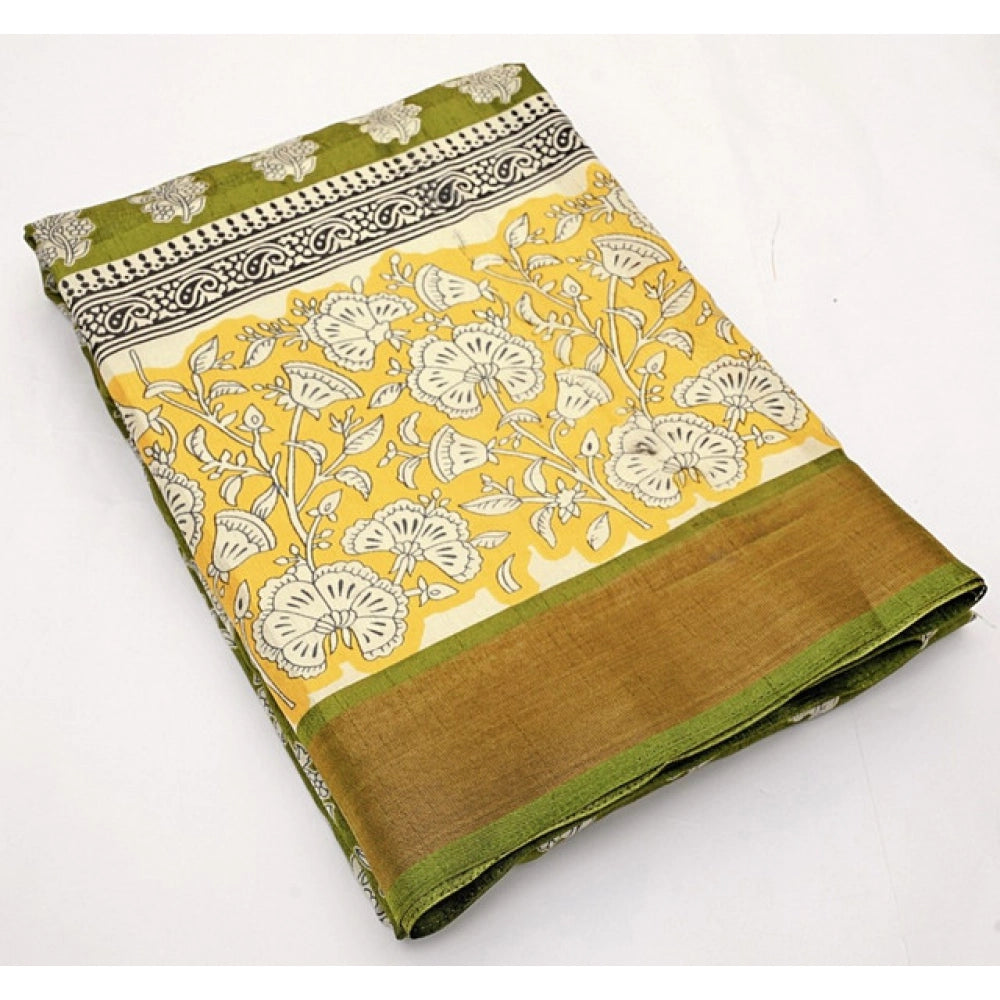 Women's Cotton Blend Printed Saree With Unstitched Blouse 5.5Mtr (Mehandi)