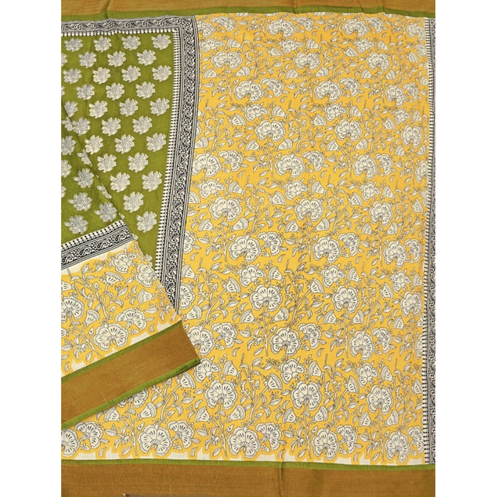 Women's Cotton Blend Printed Saree With Unstitched Blouse 5.5Mtr (Mehandi)