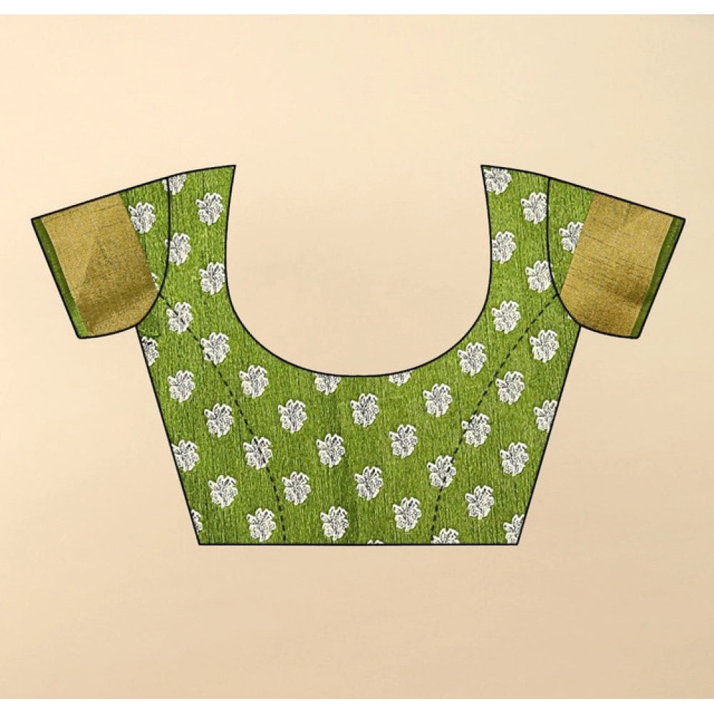 Women's Cotton Blend Printed Saree With Unstitched Blouse 5.5Mtr (Mehandi)