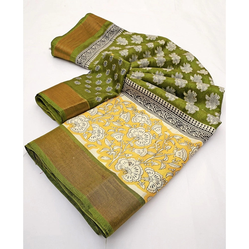 Women's Cotton Blend Printed Saree With Unstitched Blouse 5.5Mtr (Mehandi)