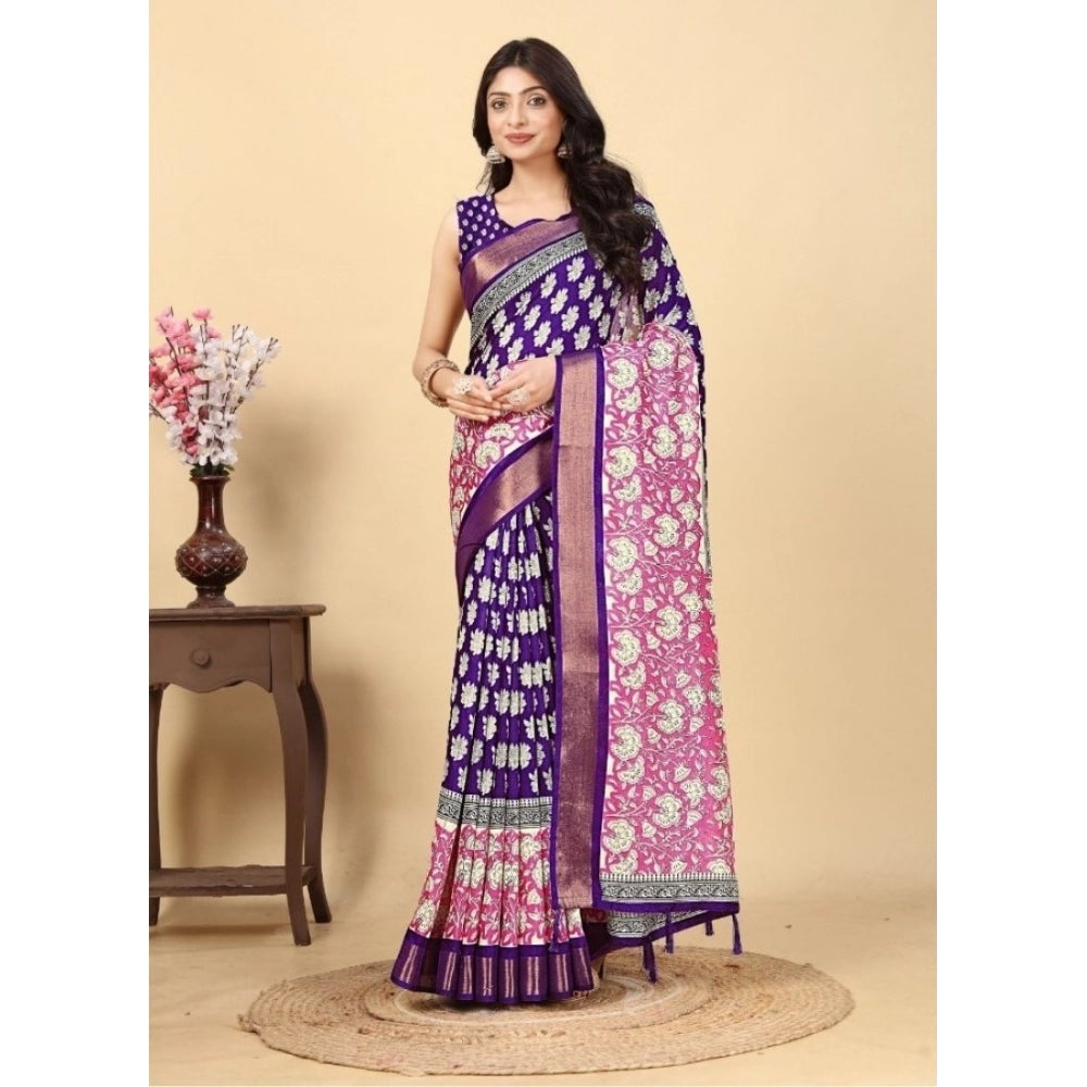 Women's Cotton Blend Printed Saree With Unstitched Blouse 5.5Mtr (Purple)