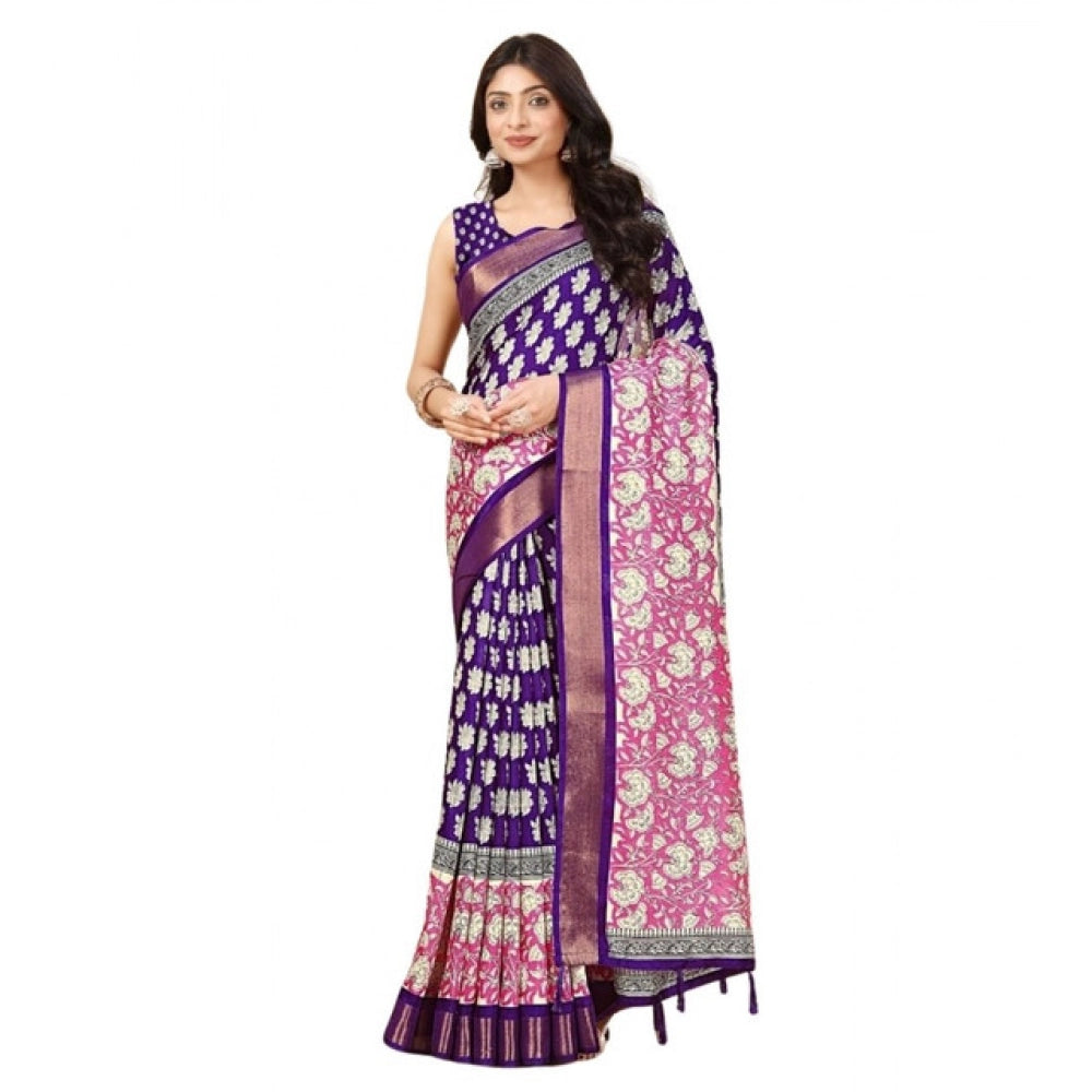 Women's Cotton Blend Printed Saree With Unstitched Blouse 5.5Mtr (Purple)