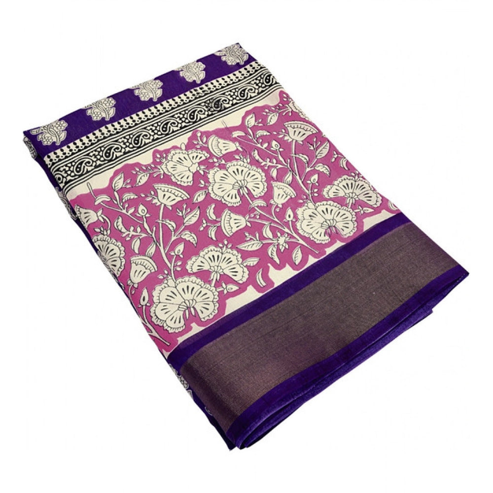 Women's Cotton Blend Printed Saree With Unstitched Blouse 5.5Mtr (Purple)