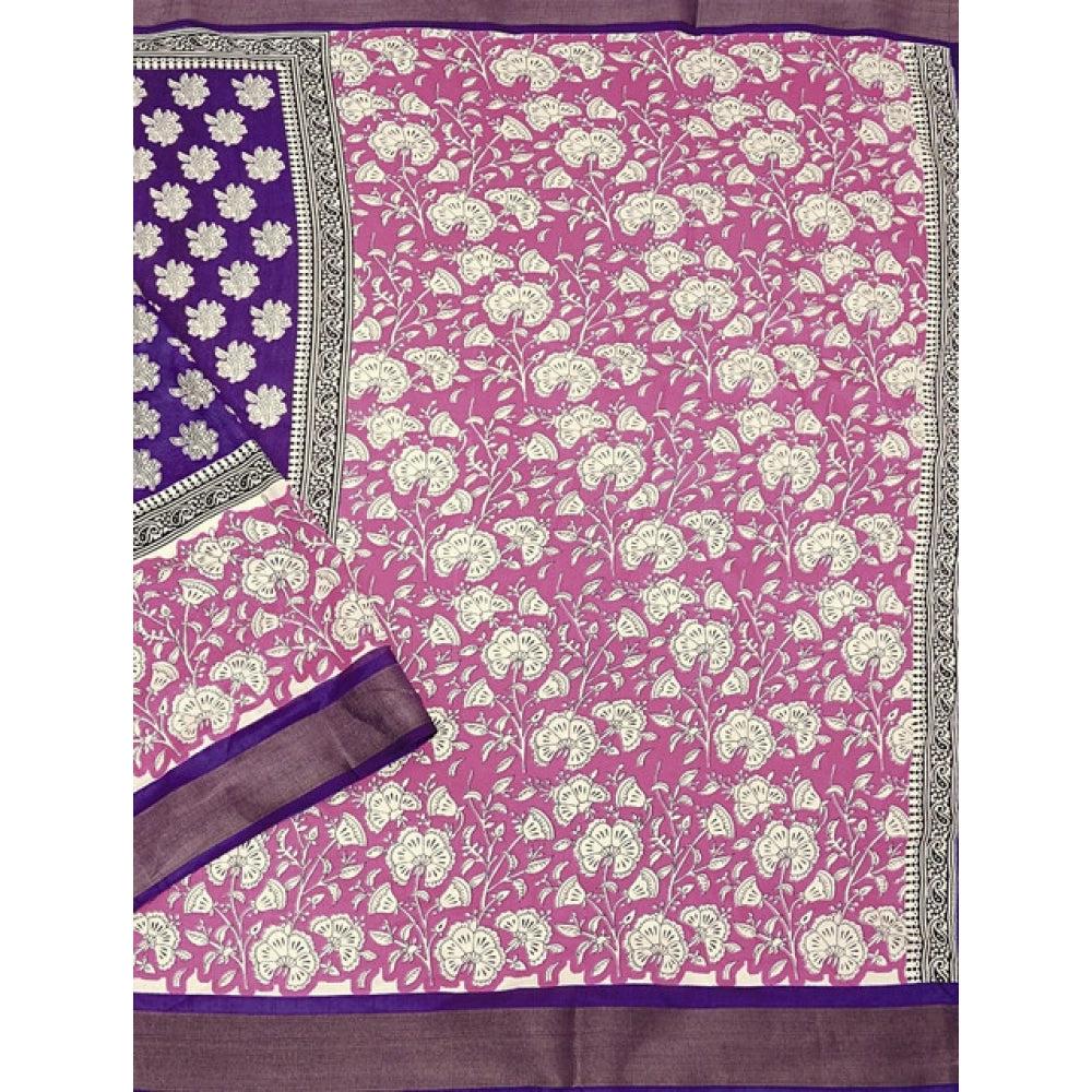 Women's Cotton Blend Printed Saree With Unstitched Blouse 5.5Mtr (Purple)