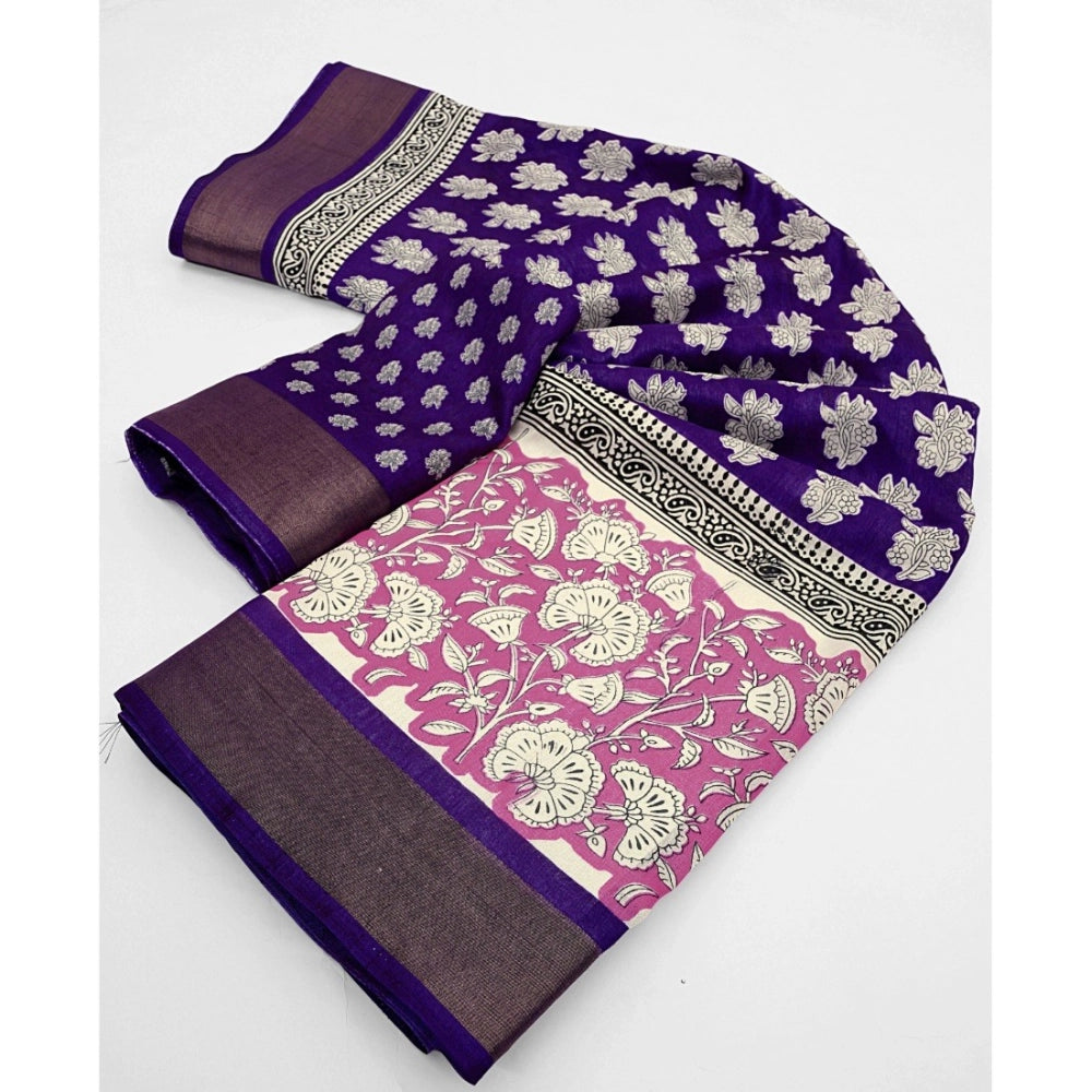Women's Cotton Blend Printed Saree With Unstitched Blouse 5.5Mtr (Purple)