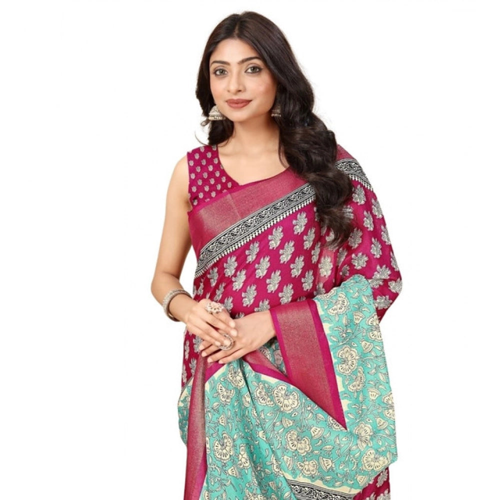 Women's Cotton Blend Printed Saree With Unstitched Blouse 5.5Mtr (Multicolor)