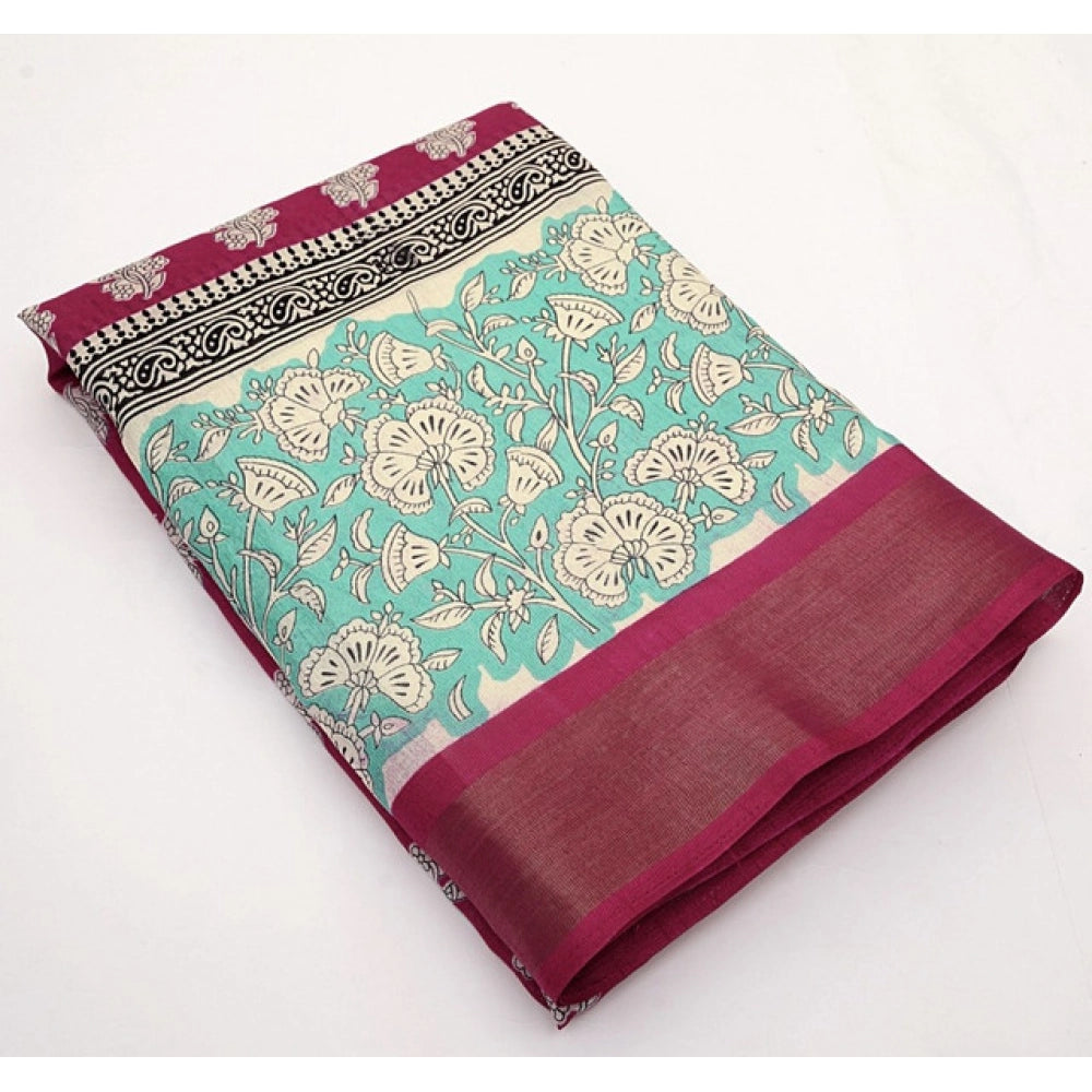 Women's Cotton Blend Printed Saree With Unstitched Blouse 5.5Mtr (Multicolor)