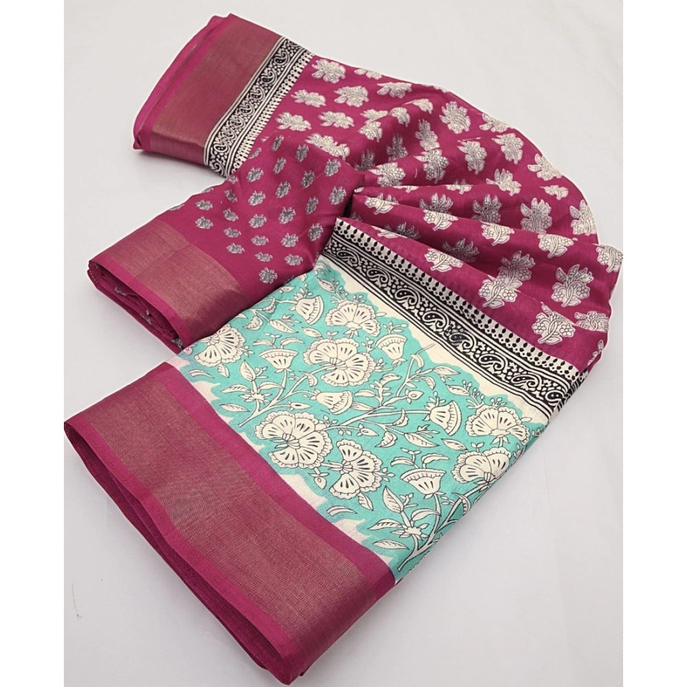 Women's Cotton Blend Printed Saree With Unstitched Blouse 5.5Mtr (Multicolor)