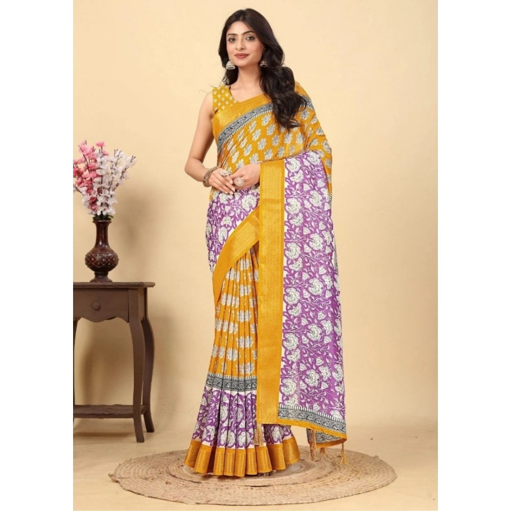 Women's Cotton Blend Printed Saree With Unstitched Blouse 5.5Mtr (Yellow)
