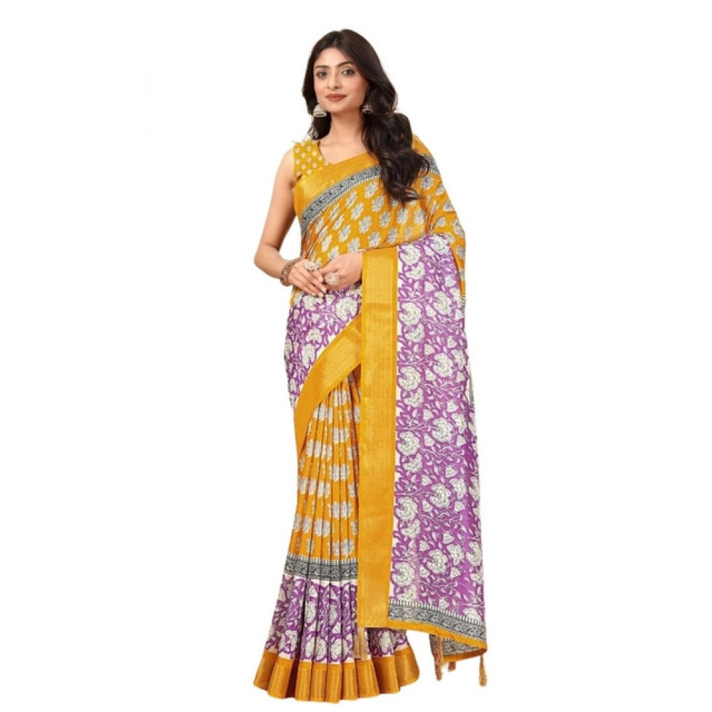 Women's Cotton Blend Printed Saree With Unstitched Blouse 5.5Mtr (Yellow)