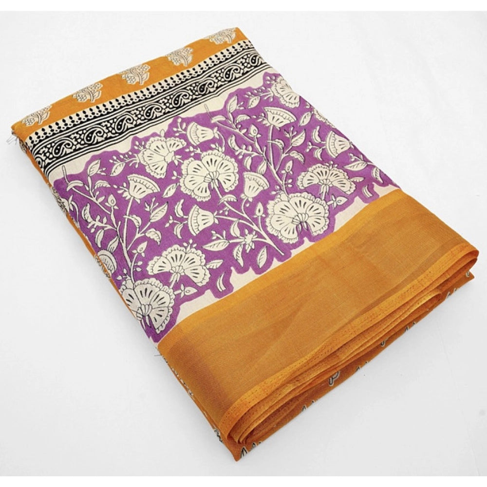 Women's Cotton Blend Printed Saree With Unstitched Blouse 5.5Mtr (Yellow)