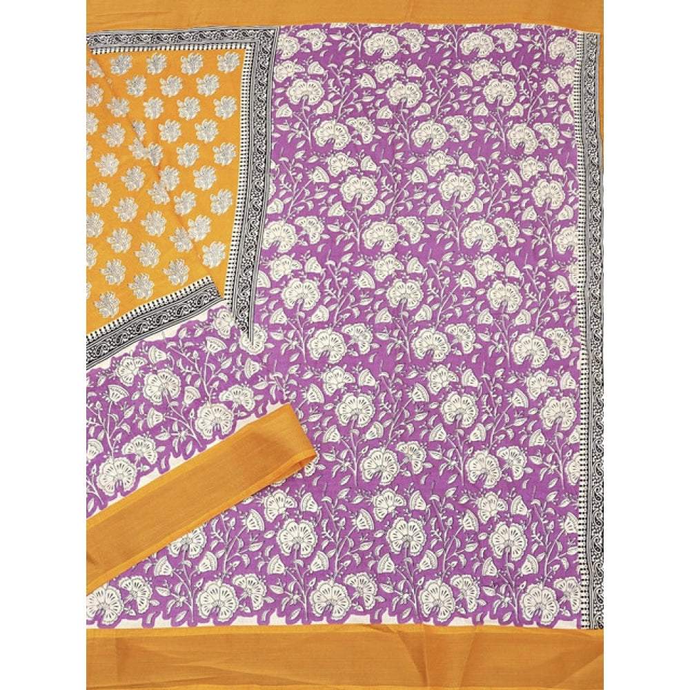 Women's Cotton Blend Printed Saree With Unstitched Blouse 5.5Mtr (Yellow)