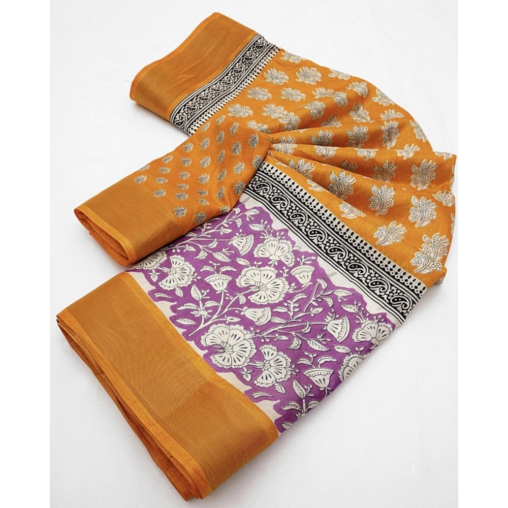 Women's Cotton Blend Printed Saree With Unstitched Blouse 5.5Mtr (Yellow)