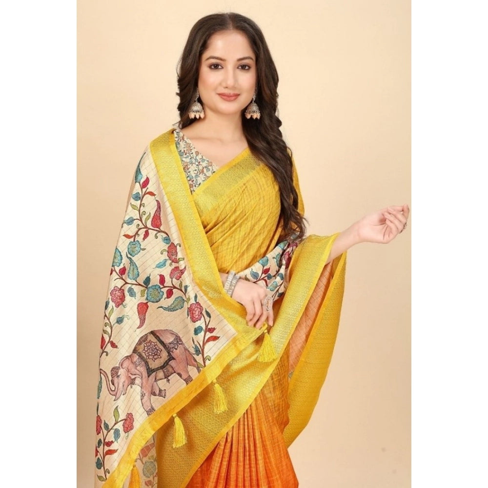 Women's Cotton Blend Floral Printed Saree With Unstitched Blouse 5.5Mtr (Lemon Yellow)