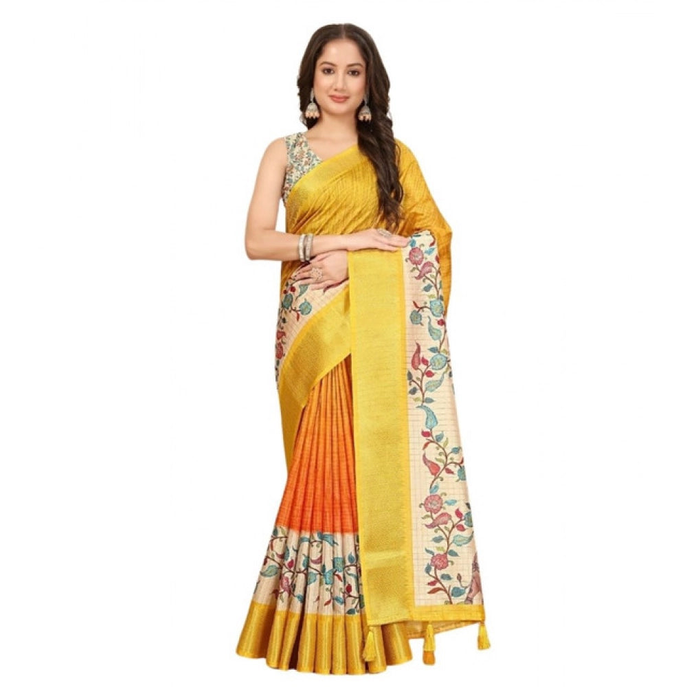 Women's Cotton Blend Floral Printed Saree With Unstitched Blouse 5.5Mtr (Lemon Yellow)
