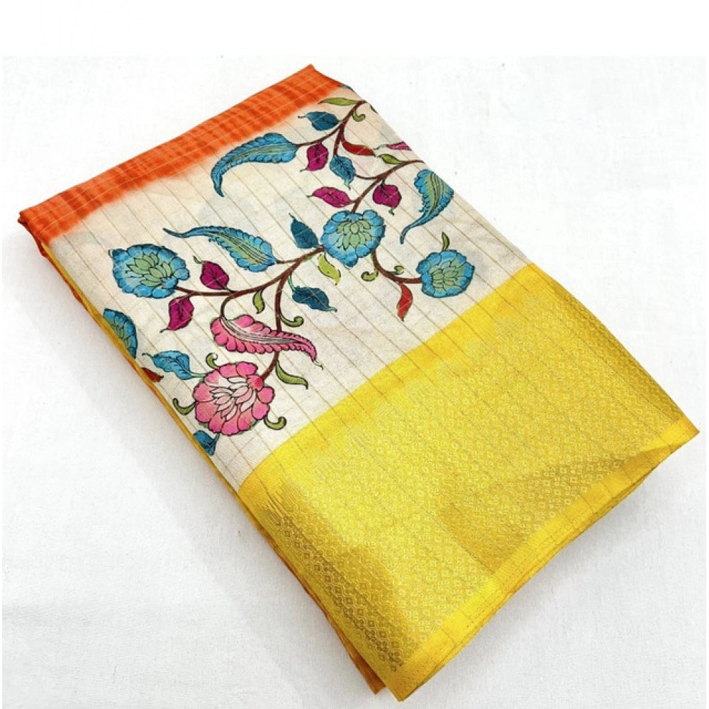 Women's Cotton Blend Floral Printed Saree With Unstitched Blouse 5.5Mtr (Lemon Yellow)