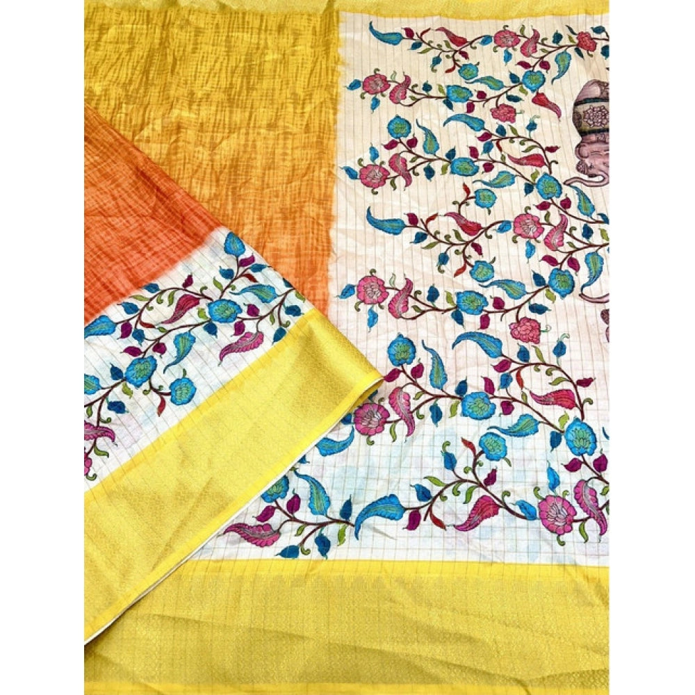 Women's Cotton Blend Floral Printed Saree With Unstitched Blouse 5.5Mtr (Lemon Yellow)