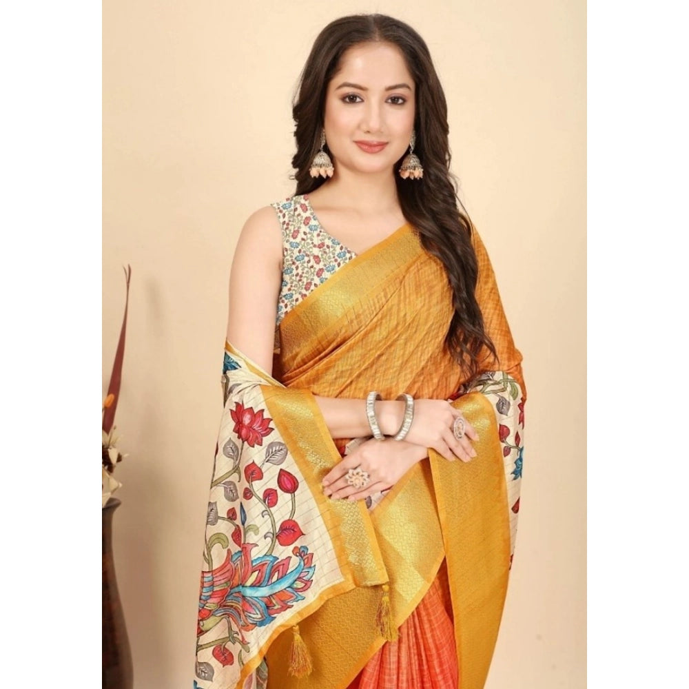 Women's Cotton Blend Floral Printed Saree With Unstitched Blouse 5.5Mtr (Yellow)