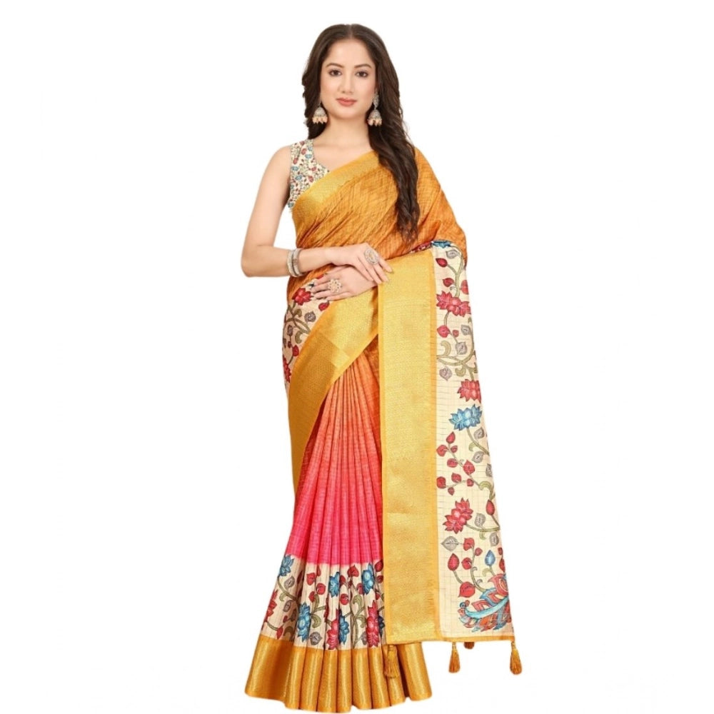 Women's Cotton Blend Floral Printed Saree With Unstitched Blouse 5.5Mtr (Yellow)