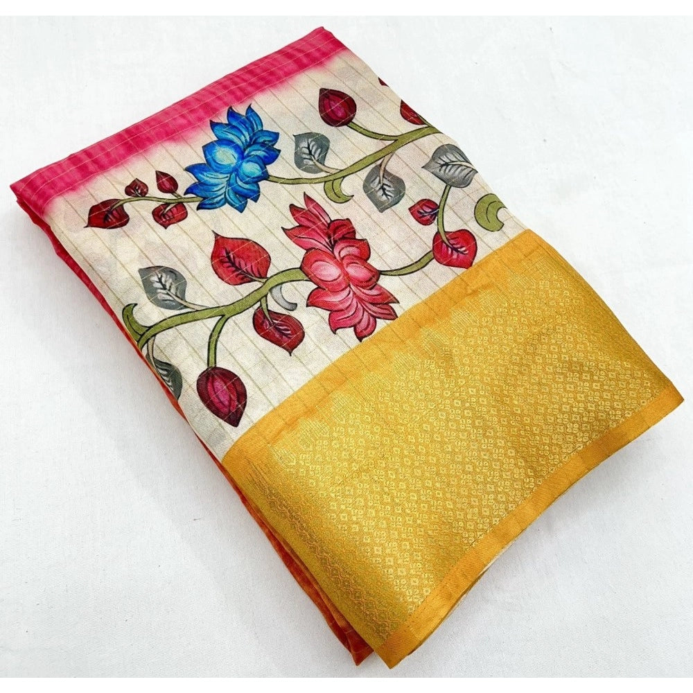 Women's Cotton Blend Floral Printed Saree With Unstitched Blouse 5.5Mtr (Yellow)