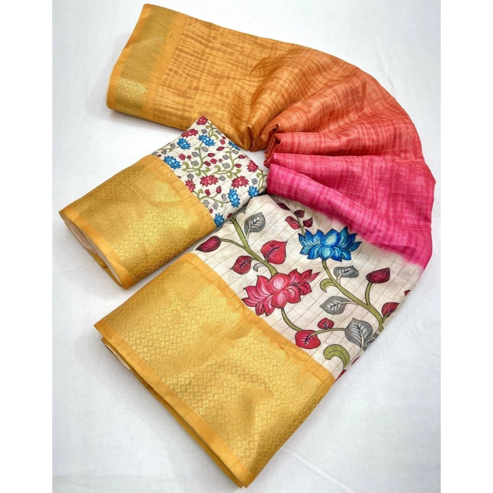 Women's Cotton Blend Floral Printed Saree With Unstitched Blouse 5.5Mtr (Yellow)