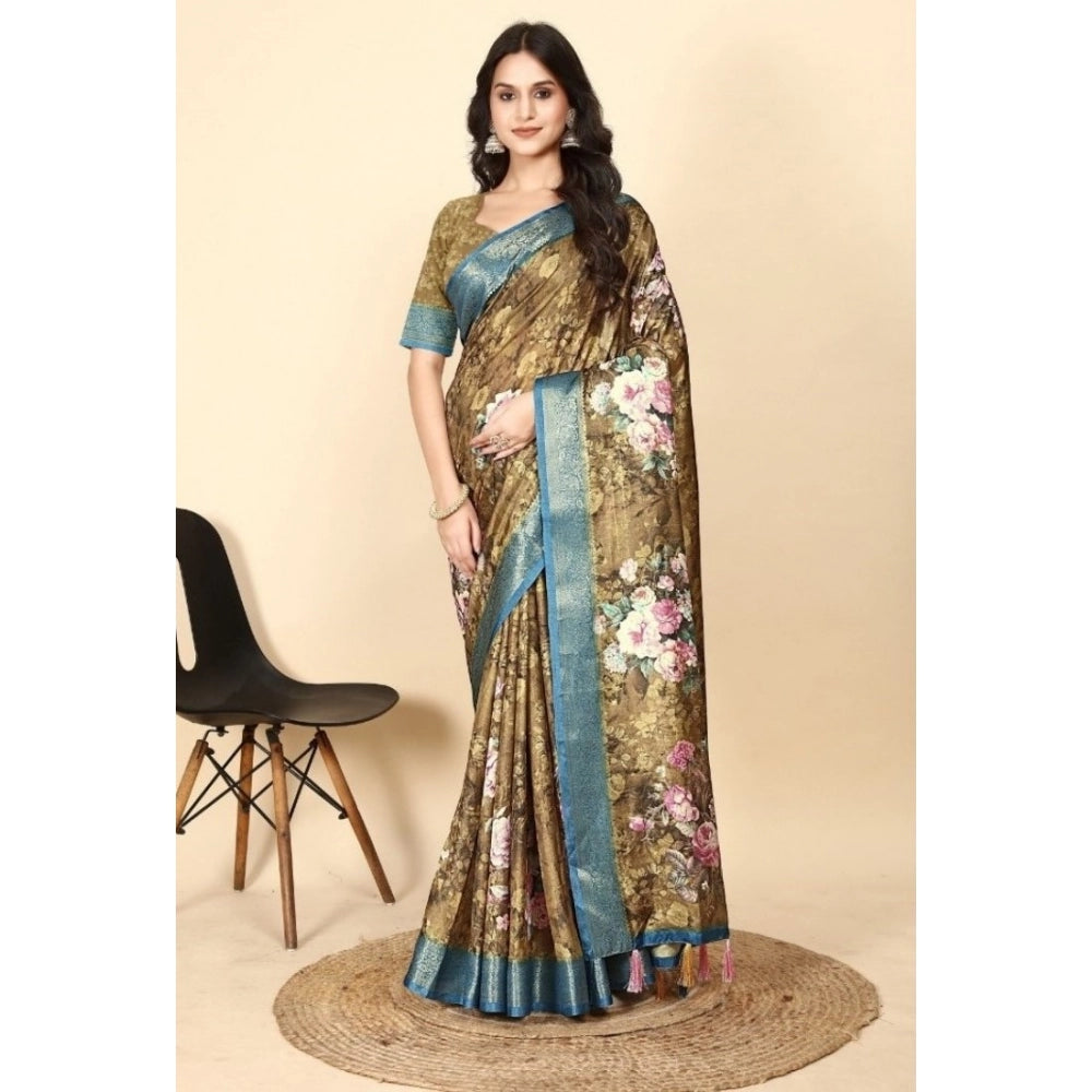 Women's Cotton Blend Floral Printed Saree With Unstitched Blouse 5.5Mtr (Multicolor)