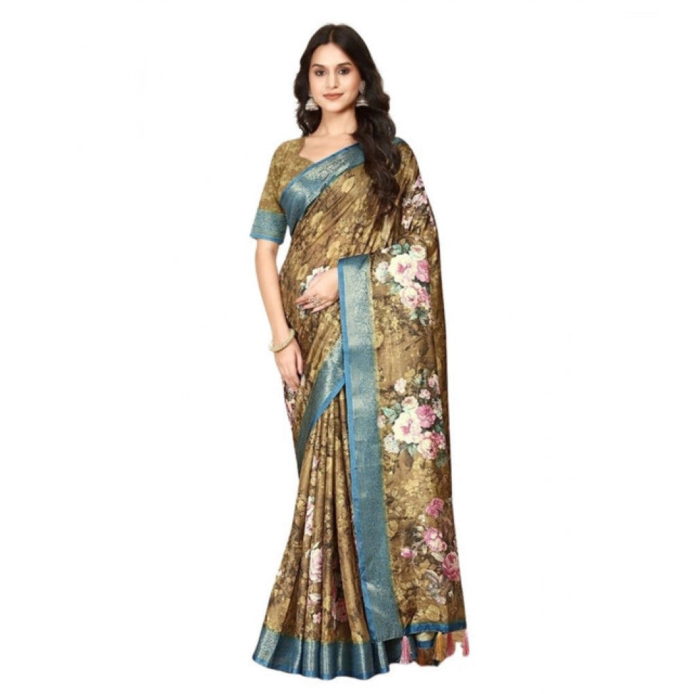 Women's Cotton Blend Floral Printed Saree With Unstitched Blouse 5.5Mtr (Multicolor)