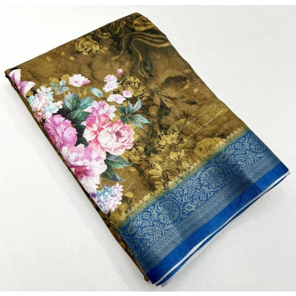 Women's Cotton Blend Floral Printed Saree With Unstitched Blouse 5.5Mtr (Multicolor)