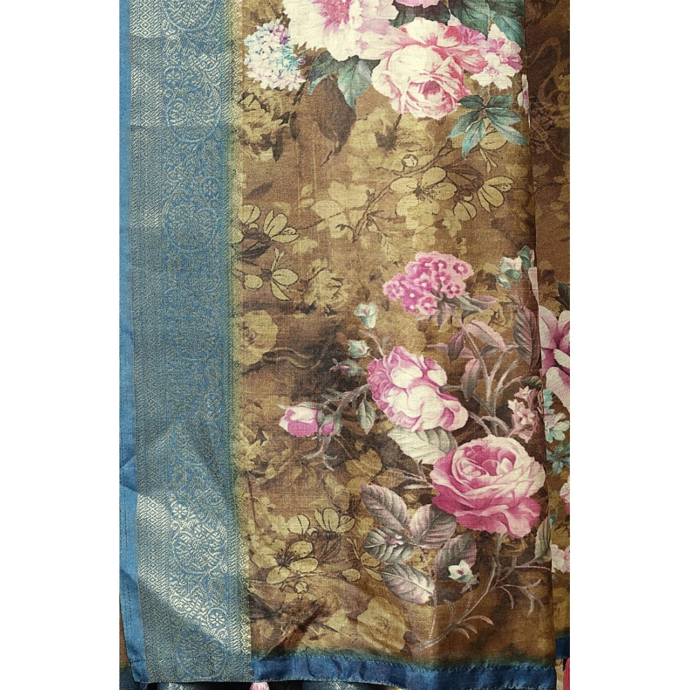 Women's Cotton Blend Floral Printed Saree With Unstitched Blouse 5.5Mtr (Multicolor)