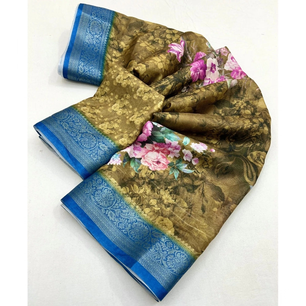 Women's Cotton Blend Floral Printed Saree With Unstitched Blouse 5.5Mtr (Multicolor)
