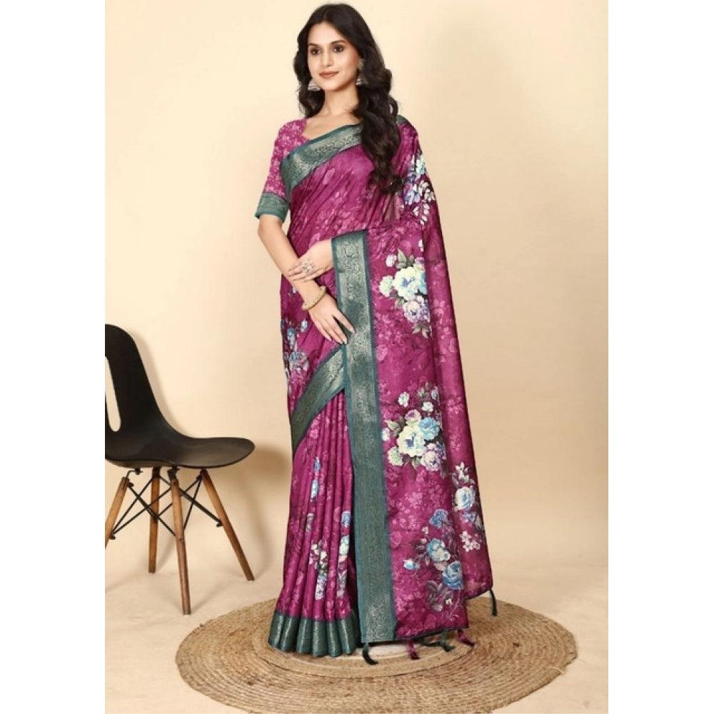 Women's Cotton Blend Floral Printed Saree With Unstitched Blouse 5.5Mtr (Multicolor)