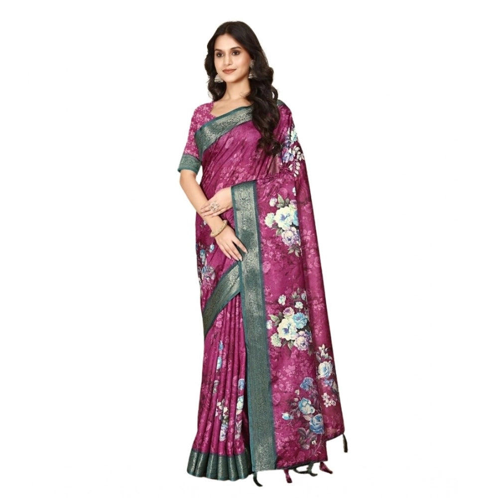 Women's Cotton Blend Floral Printed Saree With Unstitched Blouse 5.5Mtr (Multicolor)