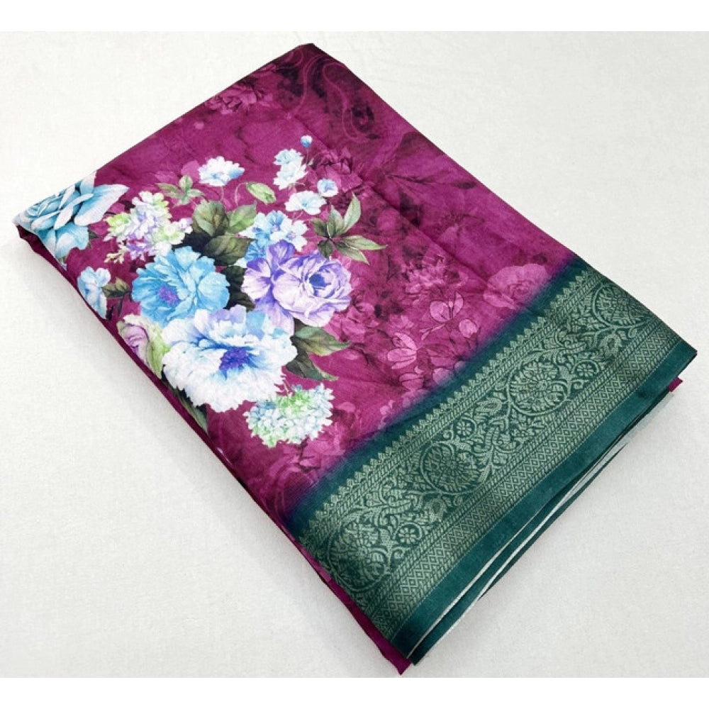 Women's Cotton Blend Floral Printed Saree With Unstitched Blouse 5.5Mtr (Multicolor)