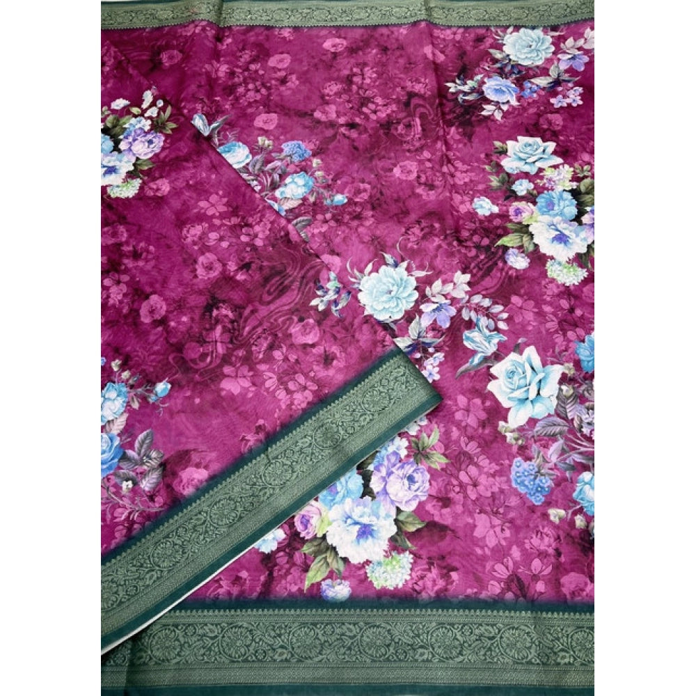 Women's Cotton Blend Floral Printed Saree With Unstitched Blouse 5.5Mtr (Multicolor)