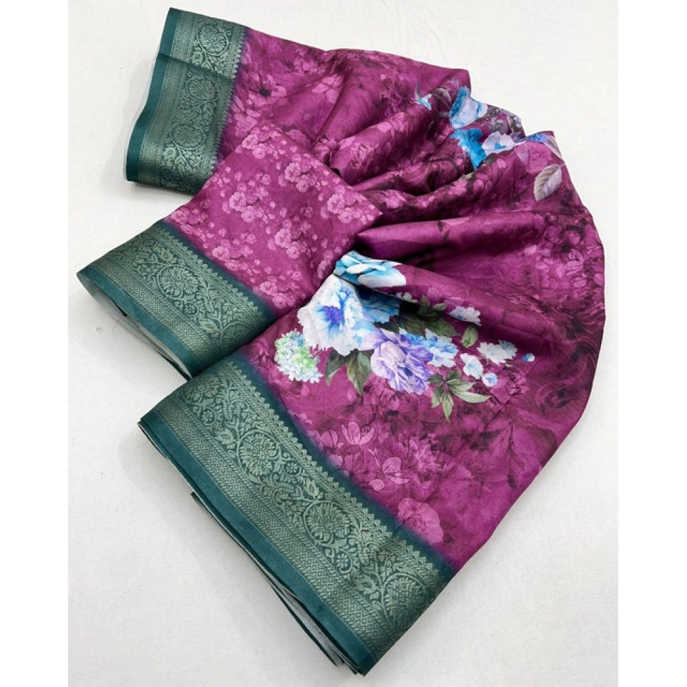 Women's Cotton Blend Floral Printed Saree With Unstitched Blouse 5.5Mtr (Multicolor)