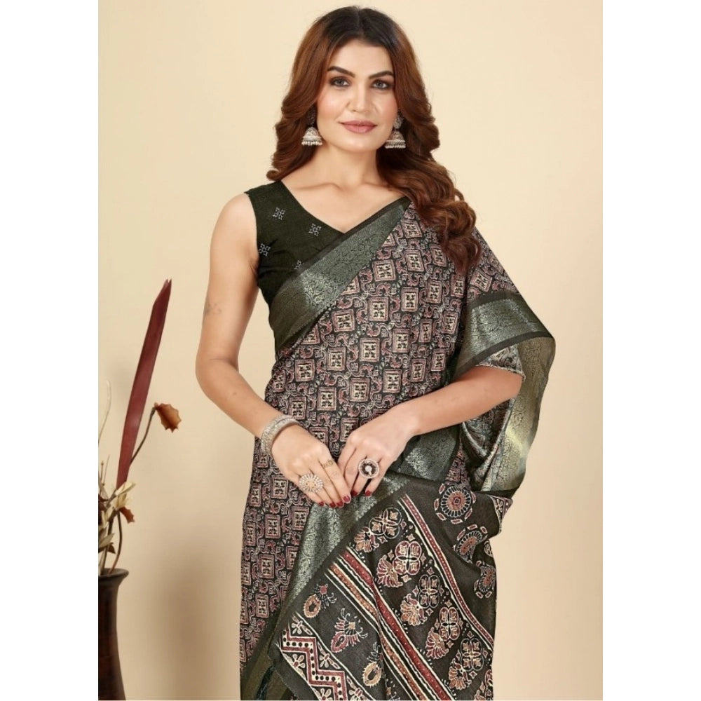 Women's Cotton Blend Printed Saree With Unstitched Blouse 5.5Mtr (Black)