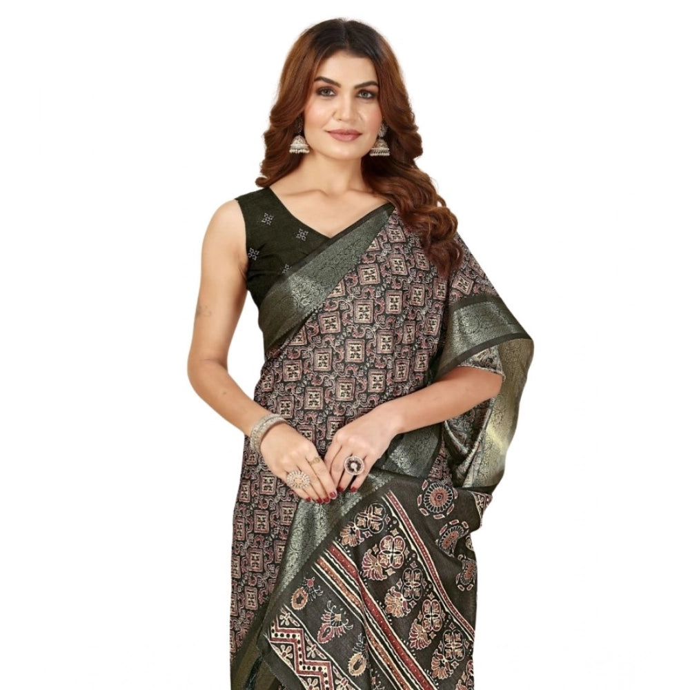 Women's Cotton Blend Printed Saree With Unstitched Blouse 5.5Mtr (Black)
