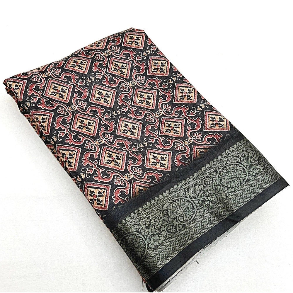 Women's Cotton Blend Printed Saree With Unstitched Blouse 5.5Mtr (Black)