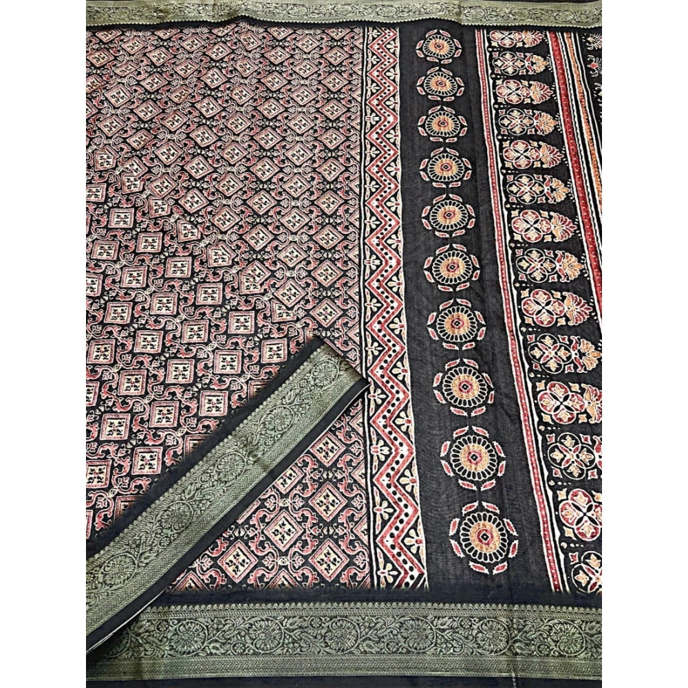 Women's Cotton Blend Printed Saree With Unstitched Blouse 5.5Mtr (Black)