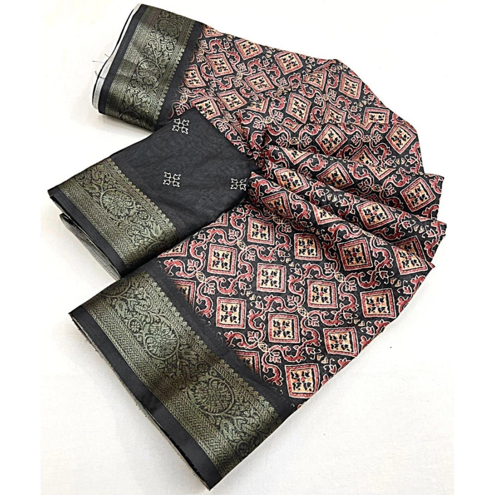 Women's Cotton Blend Printed Saree With Unstitched Blouse 5.5Mtr (Black)