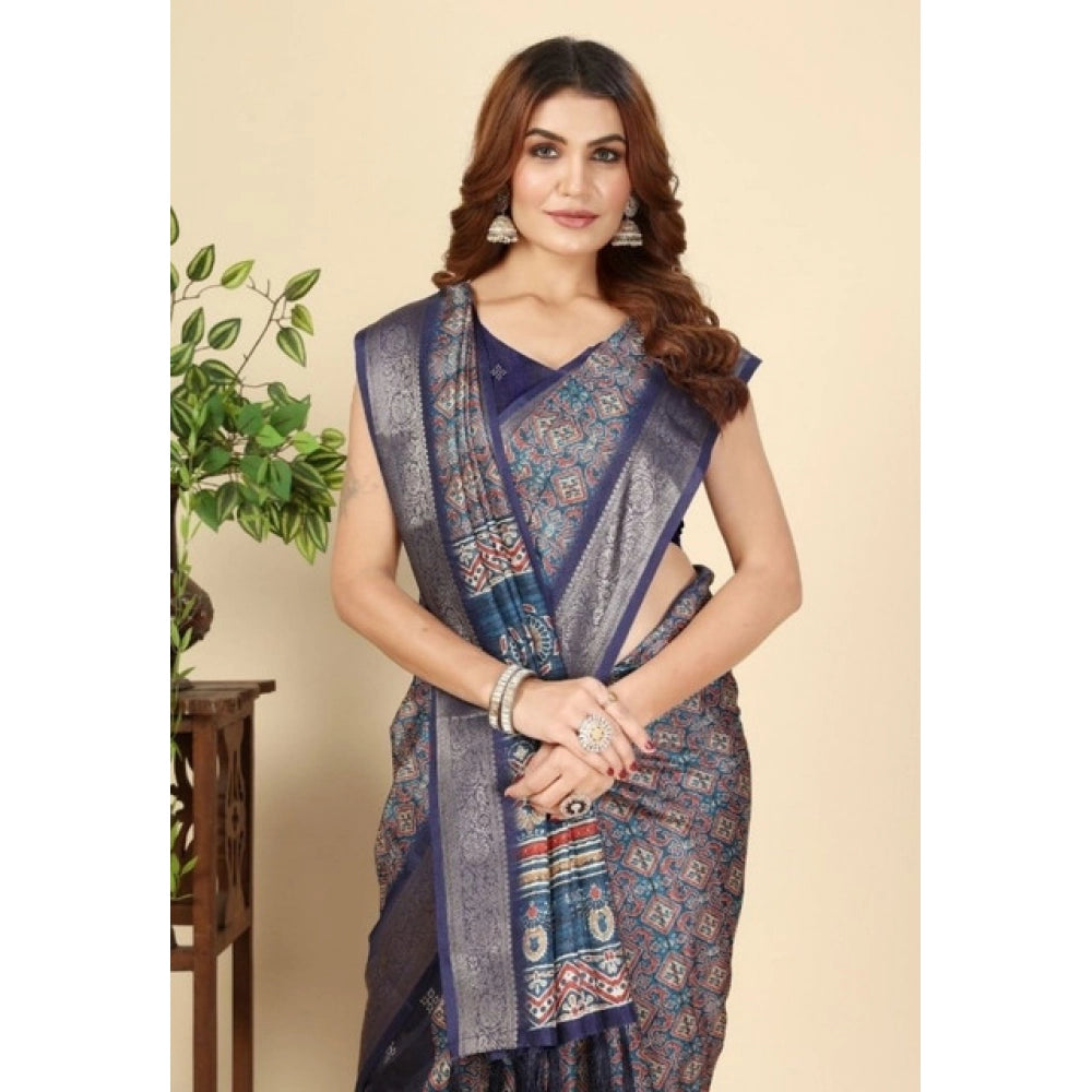 Women's Cotton Blend Printed Saree With Unstitched Blouse 5.5Mtr (Blue)