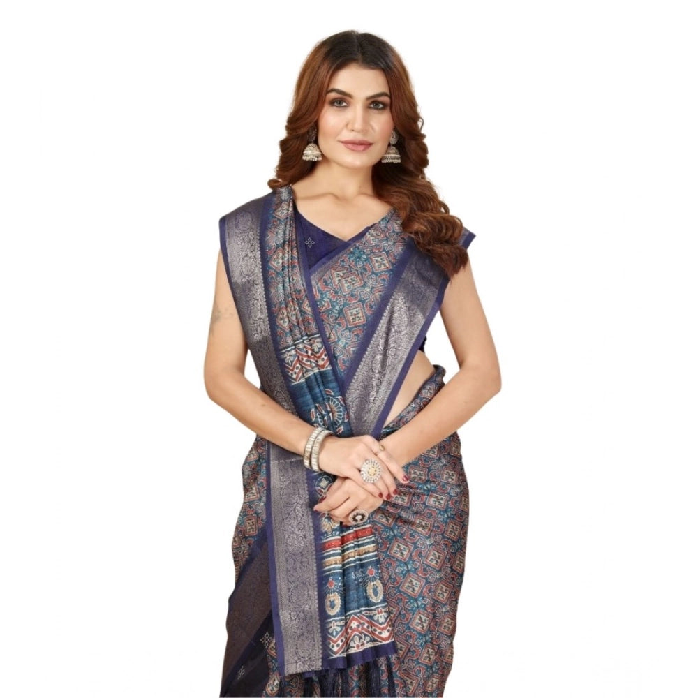 Women's Cotton Blend Printed Saree With Unstitched Blouse 5.5Mtr (Blue)